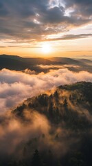 Fototapeta premium Stunning Aerial View of Dramatic Morning Fog around Head Mountain during Sunrise