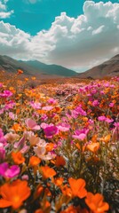 Fototapeta premium Flowers in a field with mountains in the background