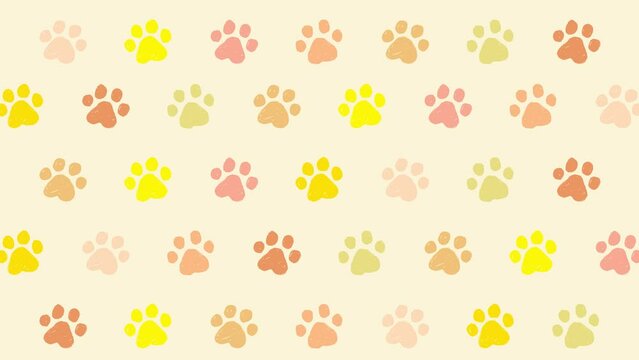 手描きの肉球イラストのパターン背景（6秒ループ）オレンジ