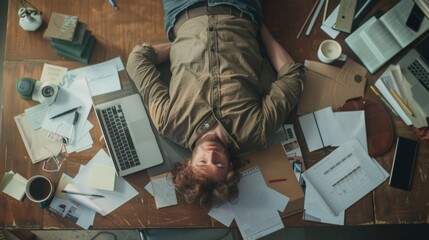 A female professional sleeping on a messy office desk