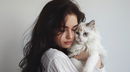 Lovely dark haired girl with an adorable white kitten against a white background