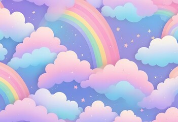 Fototapeta premium Holographic fantasy modern rainbow background with clouds and stars. Pastel color sky. Magical landscape, abstract fabulous pattern. Cute candy wallpaper 