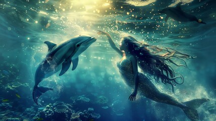 Beautiful Mermaid Swimming Playing With