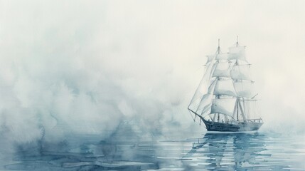 Fototapeta premium Sailing ship in sea water. Watercolor painting.