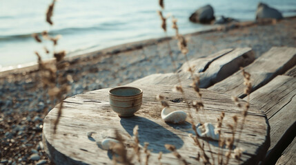 Table med of wood, beach mood, photography style