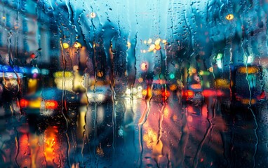 A blurry view of a city street at night, seen through a rain-streaked window. The lights of cars and streetlamps create a colorful, abstract pattern.