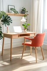 A sleek wooden desk with a minimalist design, set against an empty white wall, adorned in the style of modern lighting and fresh green plants