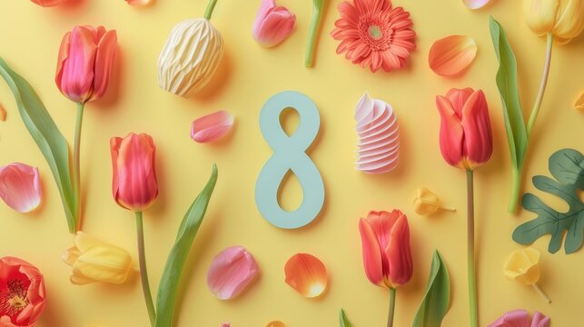 Arrangement featuring paper figure 8 beach items and tulip blooms for Women s Day celebration on a yellow backdrop