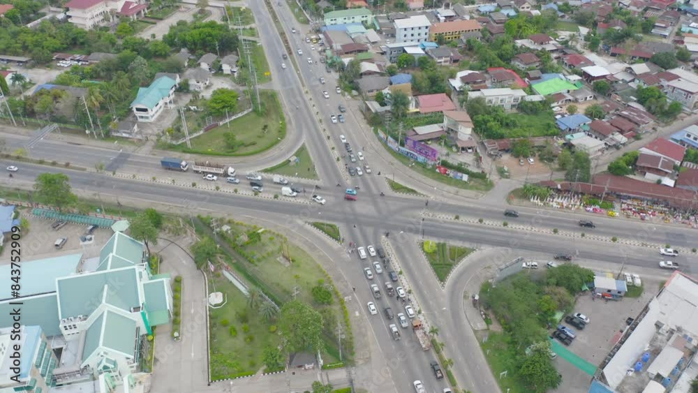 Poster aerial view of cars driving on highway or moterway. overpass bridge street roads in connection netwo