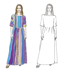 アジアンドレスを着た女性の全身イラスト