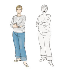 腕組みをするシニア女性の全身イラスト