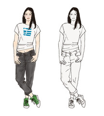 デニムを履く女性の全身イラスト