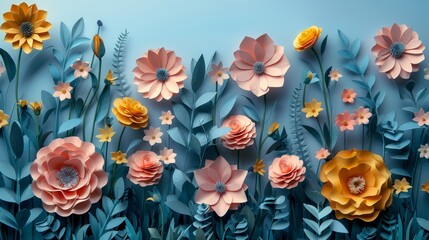 Charming paper flora with pastel-colored flowers and foliage on an inviting blue background