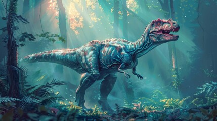 An awe-inspiring dinosaur painted in a mystical, light-drenched prehistoric forest