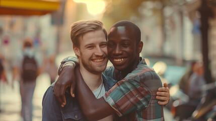 Obraz premium Cheerful friends gay men hugging on a city street, lgbtq community
