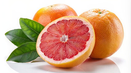 A single, ripe pink grapefruit sliced in half with a whole grapefruit and green leaves beside it. The grapefruit is on a white background