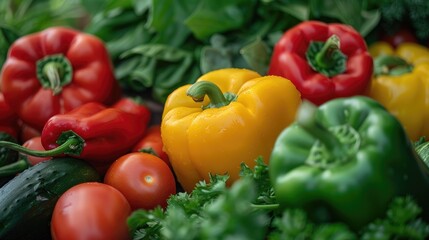 Mix of Three Sweet Red Yellow and Green Peppers with Fresh Vegetables as Background Texture