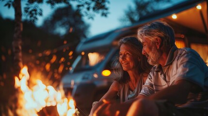Lovely senior couple rest with camper van in camp site.