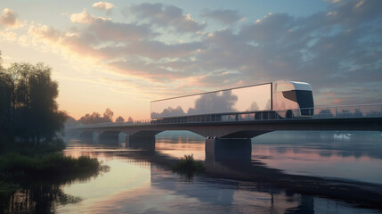 Autonomous semi-truck with a trailer, controlled by artificial intelligence, drives over a bridge over the river. Cargo delivery, transportation of the future. Artificial intelligence. Self driving