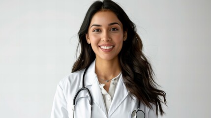 "A friendly young doctor in soft lighting stands confidently against a white background, exuding care, empathy, professionalism, and trust, with a stethoscope around their neck."