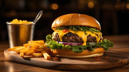 food photography of an epic cheeseburger with lots of cheddar and melted yellow sauce. 