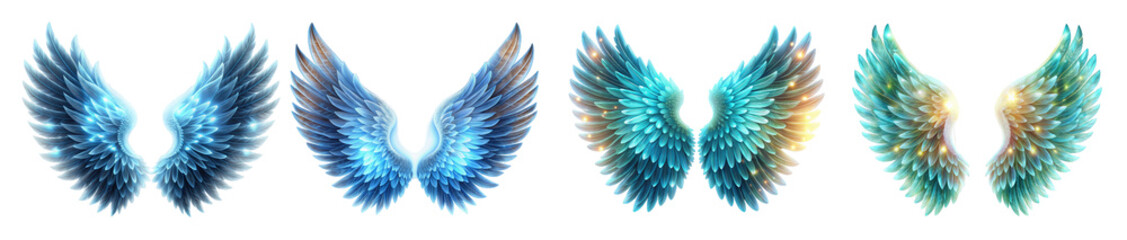 Obraz premium Collection of Bioluminescent Angel Wings Illustrations in Vibrant Blue Hues