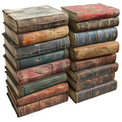 A stack of old books with a variety of colors and sizes. The books are piled on top of each other, isolated on transparent background