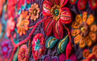 Close-up of vibrant, colorful embroidered flowers on a fabric background.