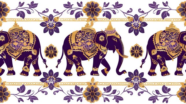 Elegant Traditional Thai Pattern with Floral Elephant Motifs in Purple and Gold