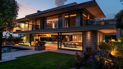 Obraz premium /imagine: Morning shot of a luxurious suburban house with a modern design, large glass windows, and ambient garden lighting, captured by an HD camera.