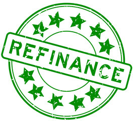 Grunge green refinance word with star icon round rubber seal stamp on white background