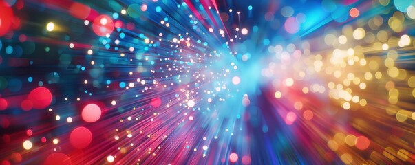 Fototapeta premium Bokeh and light trails in vibrant colors top view communication and data transfer scifi