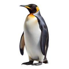 Fototapeta premium a single emperor penguin standing against a plain white background. The penguin has a black head with bright orange patches on either side of its neck