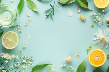 Creatively arranged citrus fruits, flowers, and leaves on a vibrant turquoise background with copy space