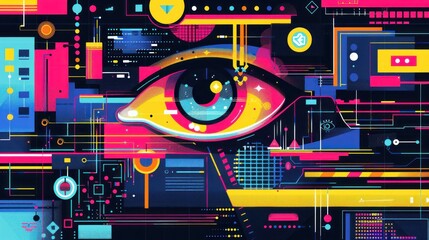 Fototapeta premium A vibrant pop art style illustration showcasing a futuristic search engine interface with bold and contrasting colors The composition includes various technological elements such as digital screens,