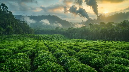Fototapeta premium A serene landscape showcasing a lush green forest, juxtaposed with a nearby factory emitting thick, dark smoke into the sky, highlighting the impact of industrial pollution on natural beauty.