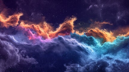 Colorful waves with a cosmic feel side view blending blues purples oranges serene night sky scene futuristic