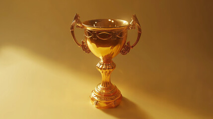 A photorealistic image of a gold trophy that has a small golden cup but has an absurdly overly tall base with a tall blank engraving plate, simple color background, award winning photography