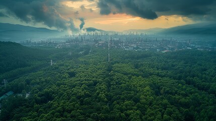 An aerial shot of a dense forest being gradually replaced by a sprawling factory town, capturing the transformation of natural landscapes into industrial zones. Dramatic Photo Style,