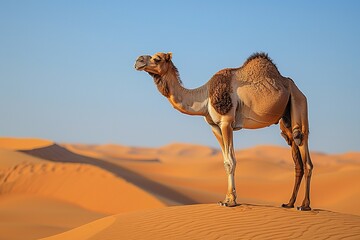 Embark on a visual adventure as a caravan of camels traverses the expansive desert landscape, with vast stretches of sand and distant dunes creating a mesmerizing scene of ancient nomadic travel