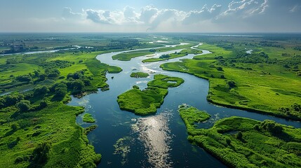 A bird's-eye view of a river delta, where pristine waterways are intersected by polluted streams originating from a nearby industrial area. Dramatic Photo Style,