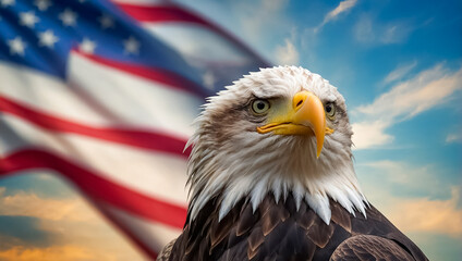 Beautiful eagle bird on the background of the American flag
