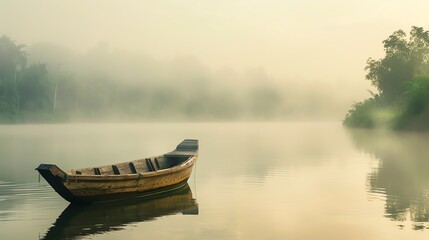 A wooden boat sits alone on a still lake, surrounded by fog and trees. The morning light is just beginning to break through the mist.