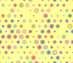 Hexagon pattern geometric design. Multicolored geometric elements of varied sizes. Hexagon bold mosaic cells with padding and inner solid cells. Tileable pattern.