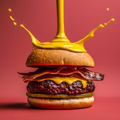 splash Cheese burger with Bacon and Fries on red background