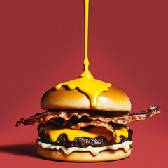 splash Cheese burger with Bacon and Fries on red background