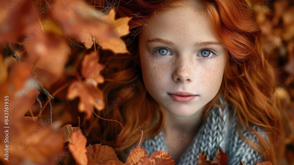 Wall mural Red haired girl surrounded by autumn foliage Outdoor photograph