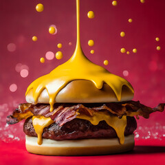 splash Cheese burger with Bacon and Fries on red background