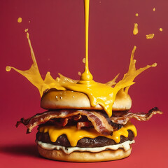 splash Cheese burger with Bacon and Fries on red background