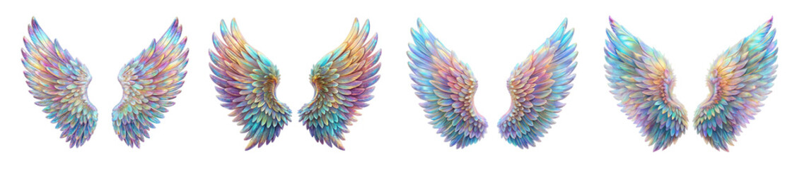 Fototapeta premium Collection of Holographic Angel Wings Illustrations in Vibrant and Mesmerizing Colors